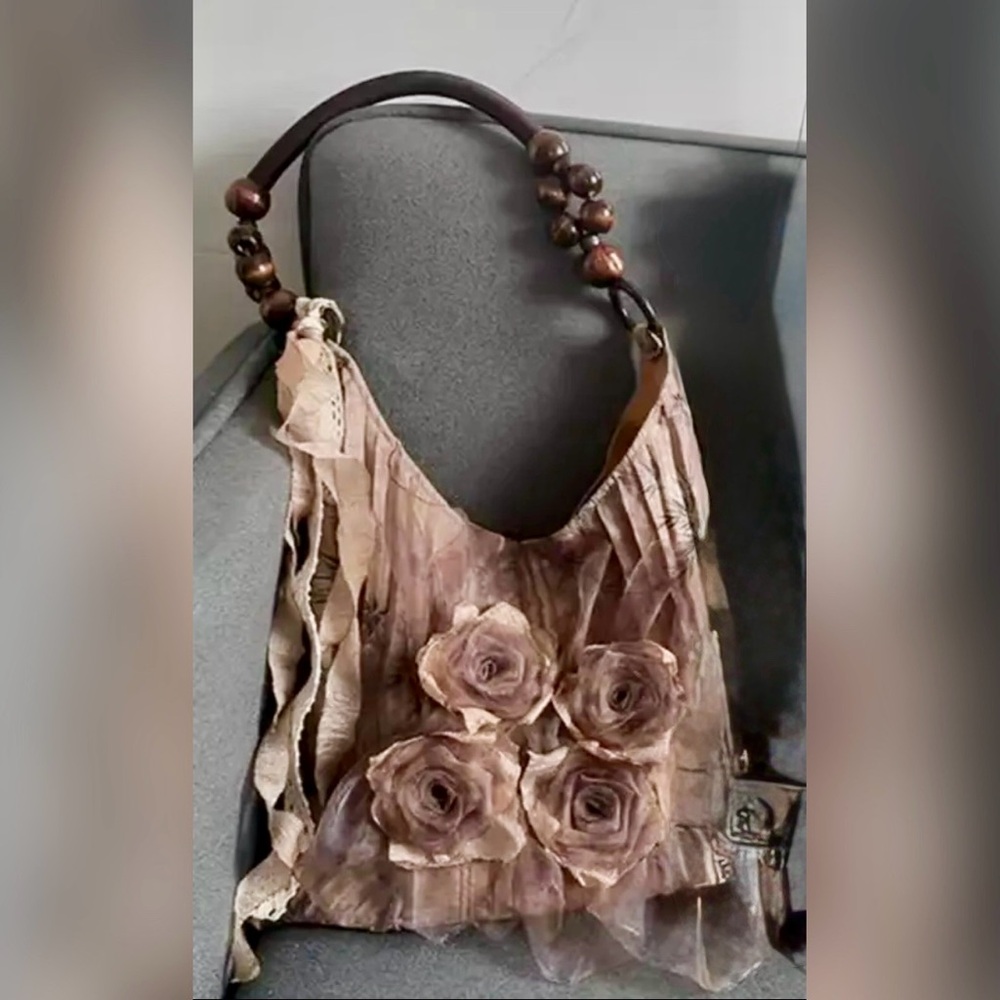 Dusty Peach w/ Chiffon Flowers Shoulder Bag with Wooden Handles